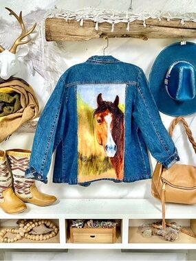 Upcycled HORSE equestrian Denim/jean Jacket w Distressed Edges southwestern vibe